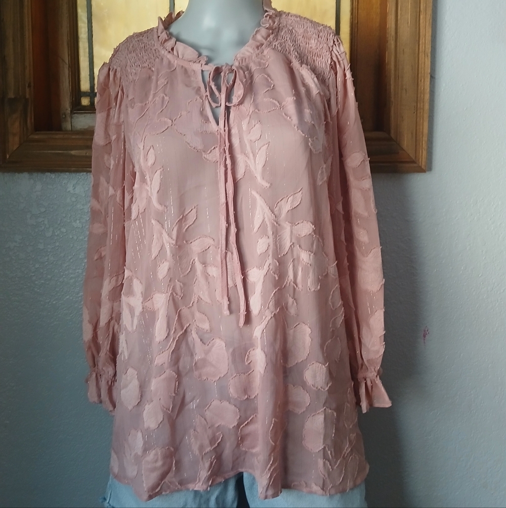 Blu Pepper Blush Textured Women's Blouse 1X 3/4 Ruffle Sleeves Gauze Mesh Sheer